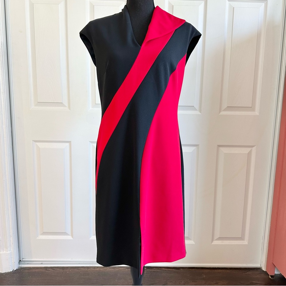 Rinascimento Red and Black Color Block Asymmetrical Collar Dress - Picture 1 of 4